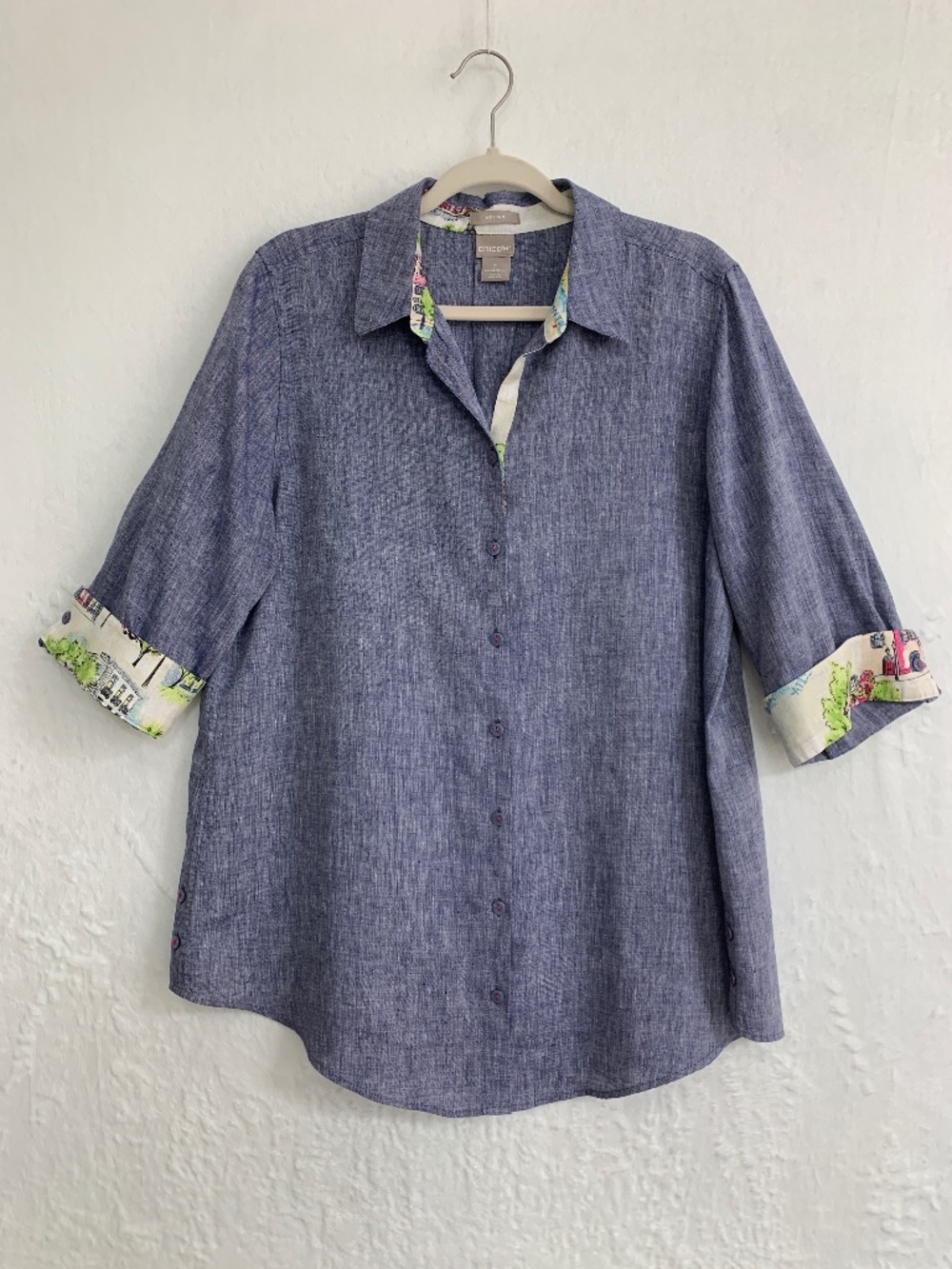Chico's No-Iron Flip Cuff Button Down Tunic 100% Linen Chambray Blue Sz L